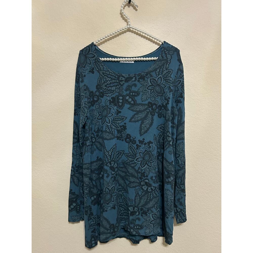 Bryn Walker Top Size Large Blue Long Sleeve Stretchy Lagenlook Comfort Shirt
